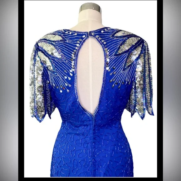 Laurence Kazar Vintage 80’s Blue Dress w/ Silver‎ Peacock Sequins and Open Back - Picture 9 of 10
